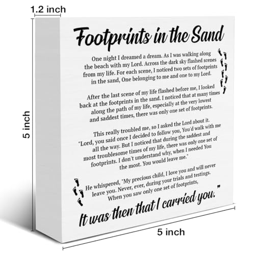 Footprints in the Sand Wood Block Sign Christian Religious Decorative Desk Sign Office Home Shelf Tabletop Decor 5 X 5 Inches