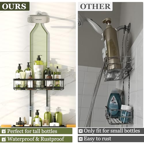 Skyapex black hanging shower caddy over shower head with adjustable design for bathroom organization and storage.