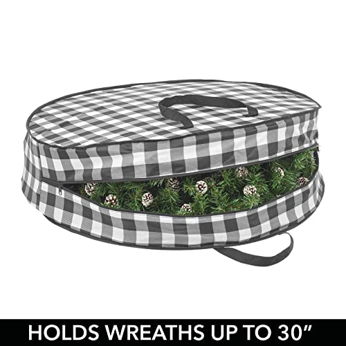 mDesign Round 30" Wreath Storage Container with Handles, Fabric Christmas Wreath Storage Bag, Protector, Garland Storage Bag Container, Holiday Decoration Organizer - 2 Pack, Buffalo Plaid Black/White 30 x 30 x 8