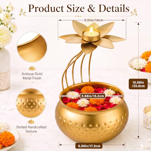 LemonRoad Diwali Urli Bowl with Lotus Tealight Candle Holder 10 Inch