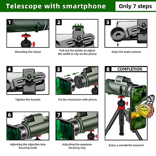 40X60 Monocular Telescope - High Power for Adults with BAK4 Prism. Includes Phone Adapter, Tripod & Hand Strap. Perfect for Bird Watching & Concerts