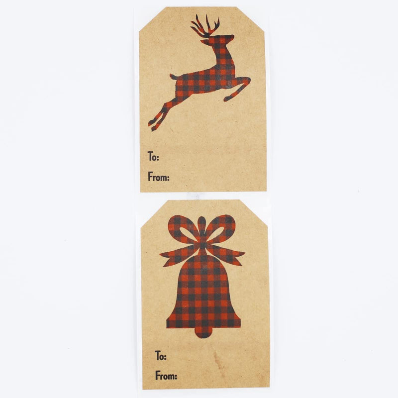Plaid Christmas Silhouettes Brown Kraft Gift Tag Stickers – 2 x 3 Inch Holiday Labels, Set of 25 – 4 Festive Designs: Reindeer, Bell, Sleigh, Tree – Made in The USA