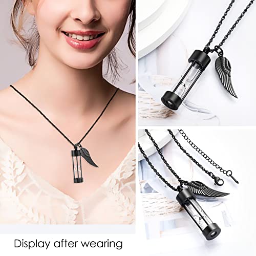 XSMZB Cremation Jewelry for Ashes Timeless Hourglass Cremation Memorial Pendant Stainless Steel Urn Necklace for Human Pet Ashes with Angel Wings Black