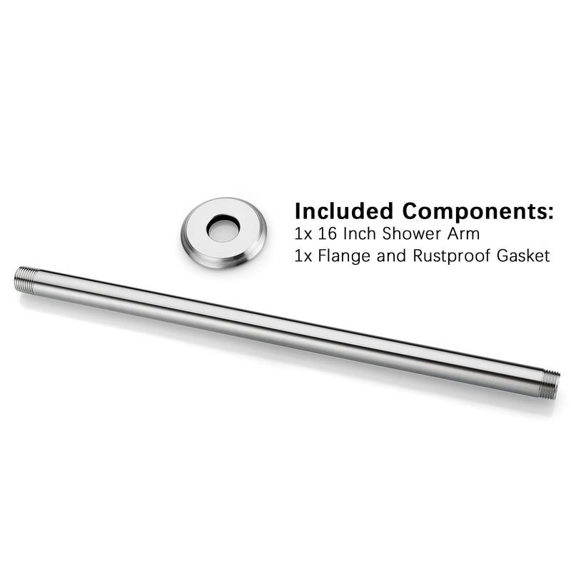 16 Inch Shower Arm and Flange Brushed Nickel, Ceiling Mounted Shower Arm for Rain Shower Head 16 Inches