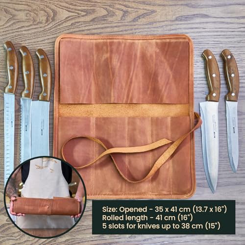 Caramel brown leather knife roll bag by OMBUO, professional chef's knife case with multiple slots for secure storage.
