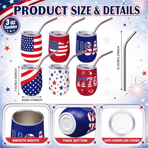 12 Pcs 4th of July Mini Shot Glasses 3 oz Patriotic Red White Blue USA Mini Tumblers with Lids and Straws Stainless Steel Insulated Cups for Independence Day Memorial Day Party Supplies