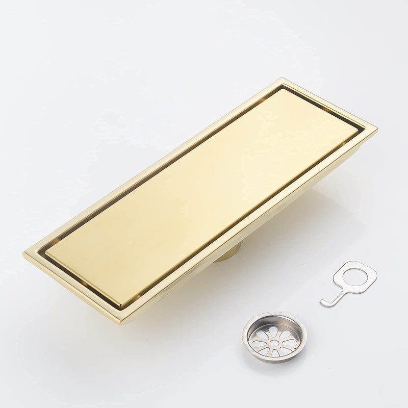 Linear Shower Drain Pipe 12 Inches Brushed Gold, with Tile Insert Grille, Detachable Hidden Cover, SUS304 Stainless Steel Rectangular Floor Drain