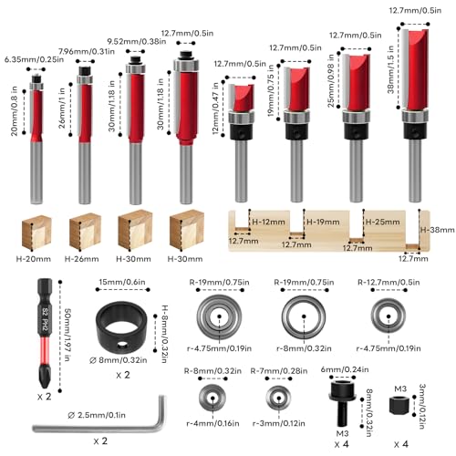 Pack of 10 Flush Cutters 8 mm with 2 Impact Magnetic Bits, 8 mm Shank Flush Cutter, 6 Bearings, 2 Wrenches, Copy Cutter 8 mm, Wood Cutter for Router Carbide Woodworking Cutter Sets 8mm