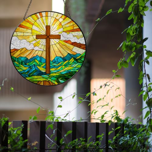 Christian Cross Stained Glass Window Hanging Art Light Sun Christian Gifts for Women Handmade Jesus Suncatchers Decoration for Garden Home Windows Hanging, 7.87inch Cross-02