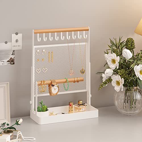 Jewelry Organizer Stand, Liftable Necklace Holder with Earring Organizer Net, 9 Hooks Necklaces Storage Wooden Handing Bar for Bracelets Watches Rings (White) White