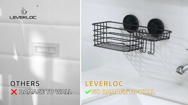 LEVERLOC shower caddy with suction cups and hooks, black 2-pack for bathroom organization, mounted on shower wall.