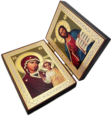 Needzo Christ The Teacher and Madonna and Child Virgin of Kazan Orthodox Catholic Icon Diptych 5 Inch Wide, Religious Gift For Woman Men, Gold Foil