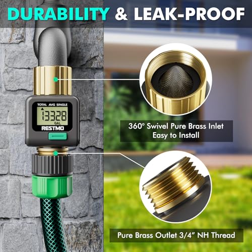 RESTMO Water Flow Meter with Brass Inlet & Outlet, 2-Pack Hose Water Meters 2 Pack