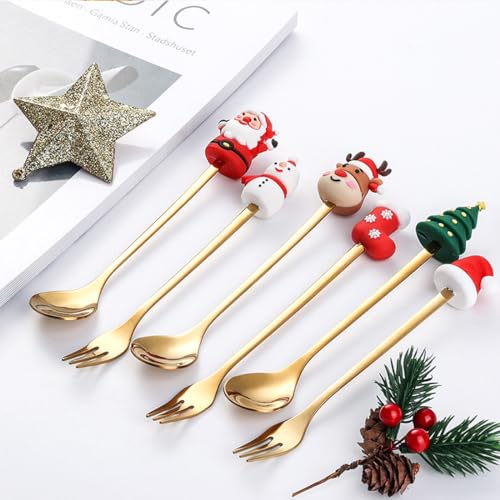 6 Pcs Christmas Man Premium Stainless Steel Forks and Spoons with Gift Box Set (Shining Golden - Pack of 6)
