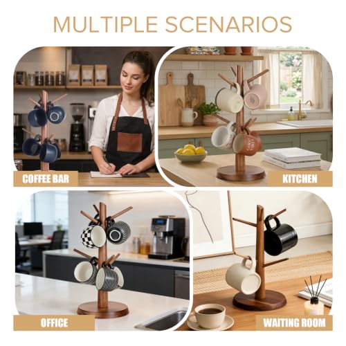 Coffee Mug Tree 6-Hook,Acacia Wood Mug Holder Countertop