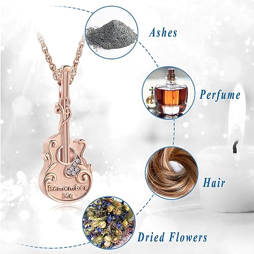 Guitar Urn Necklace for Ashes Stainless Steel Cremation jewelry Crystal Guitar Lover Music Keepsake Memorial Pendant for Men Women Gift pink