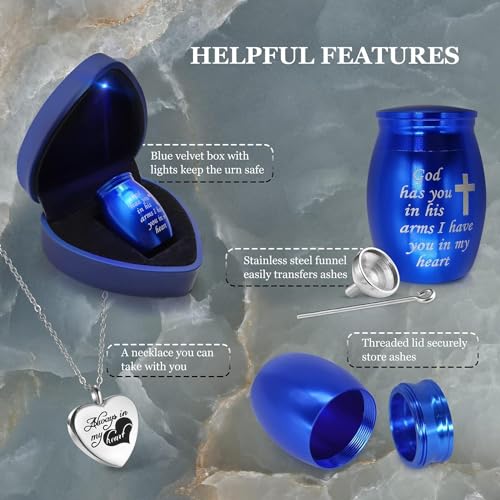 Small Keepsake Urns Comes with Heart Box w/Light (Battery Replaceable)- Best Memorial Gifts for Loss of Loved One - Mini Cremation Urn w/Urn Necklace - Miniature Ashes Holder Tiny Sharing Token Urn Blue