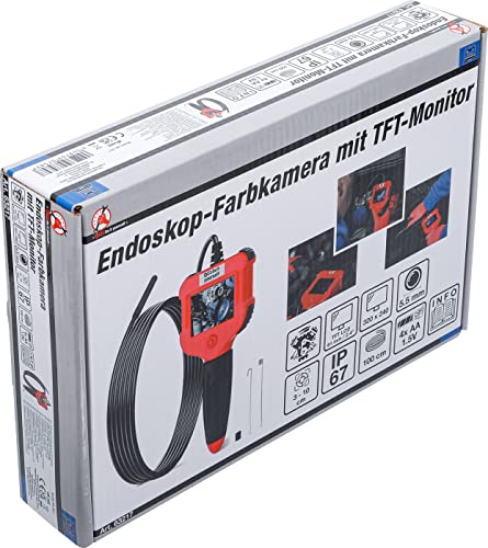 BGS DIY 63217 Endoscope Colour Camera with TFT Monitor Camera Head Diameter 5.5 mm | Colour display 61 mm (2.4 inches), 6 LEDs, gooseneck length 1000 mm, camera focus 3-10 cm, magnet and hook, IP67