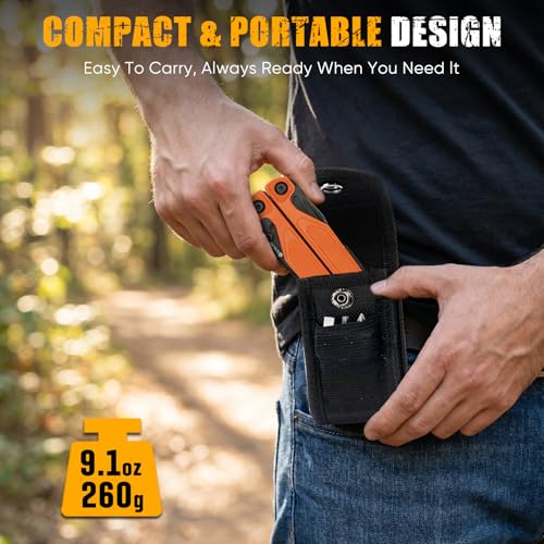 BIBURY 9oz orange multitool with lightweight G10 handle and one-hand opening pocket knife blade