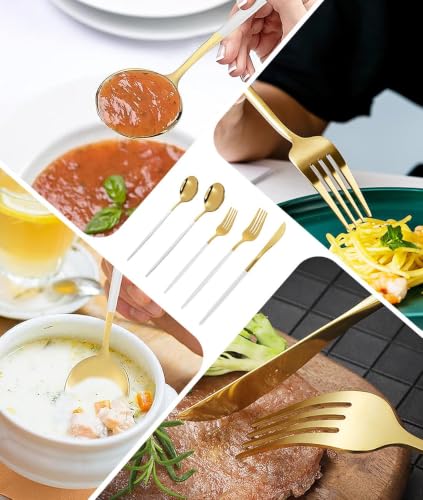 Kawlity Stainless Steel Serving Flatware Durable White & Gold Polished Knives Spoon Forks 30 Pcs Utensil Dinner Tableware, for Kitchen Dishwasher Adults and Children Ideal Gift White Gold