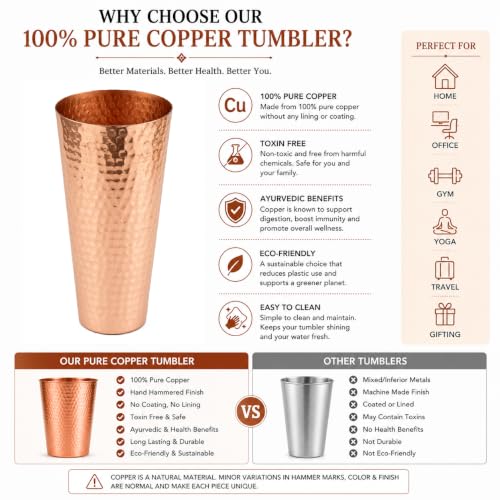 Pure Copper Tumbler Cup 22 oz – Large Hand Hammered Copper Cup for Drinking Water, Iced Tea, Juice and Cocktails – Unlined Solid Copper Glass with Thin Straight Rim, Pack of 1