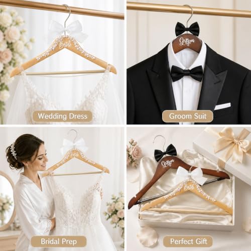 2 Pack Bride and Groom Wedding Hanger Set, Wooden Bride Hanger for Wedding Dress, Elegant Wedding Dress Hanger with Pearls and Bow Tie