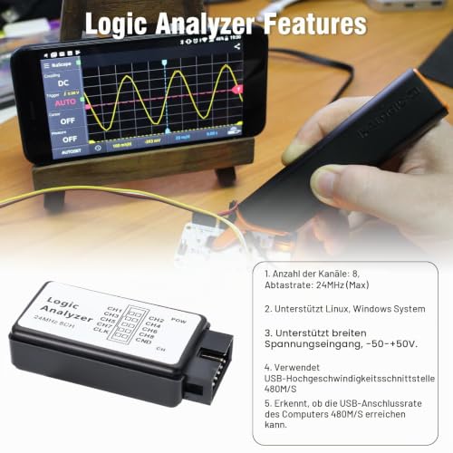 Logic 8 CH Binghe USB Logic Analyzer 24 MHz, UART IIC SPI Debug Support from 1.1.16 with USB Cable and Jump Wire, Compatible with Arduino