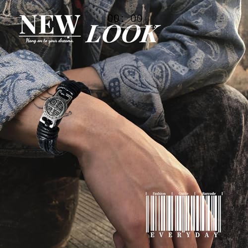 Men's Leather Bracelet with Saint Benedict Protection Symbol, Black Vintage Handmade Braided Leather Bracelets, Adjustable Religious Wristband Accessory