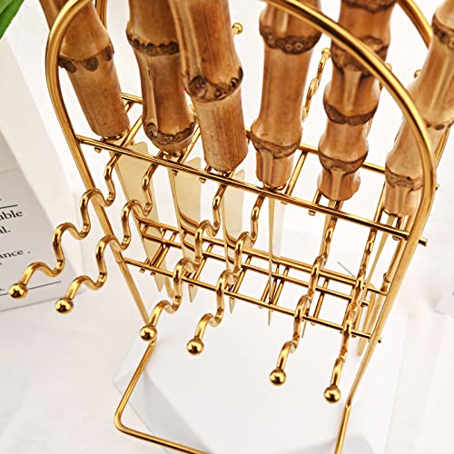 24-Piece Gold Stainless Steel Flatware Set, Bamboo Handle Cutlery with Stand Dinnerware Set Include Knife Fork Spoon And Teaspoon, Service For 6, Mirror Finished.