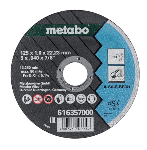 Metabo Promotion Cutting Discs 125 x 1.0 x 22.23 Stainless Steel Pack of 10 in Metal Tin, 6.16359.00 | Thin stainless steel cutting discs TF 41 for metalworking, long service life, iron-free, for angle grinders, pack of 10 Single