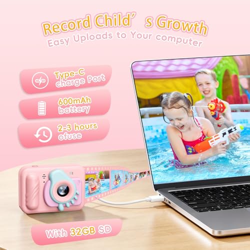 Underwater Camera for Kids - IP68 Waterproof Camera, 48MP Dual Lens, 1080P Video Recording, Toddler Camera for Pool & Beach, Ideal Christmas Birthday Gifts for Boys Girls Age 3-12(Cute Pink) Cute Pink