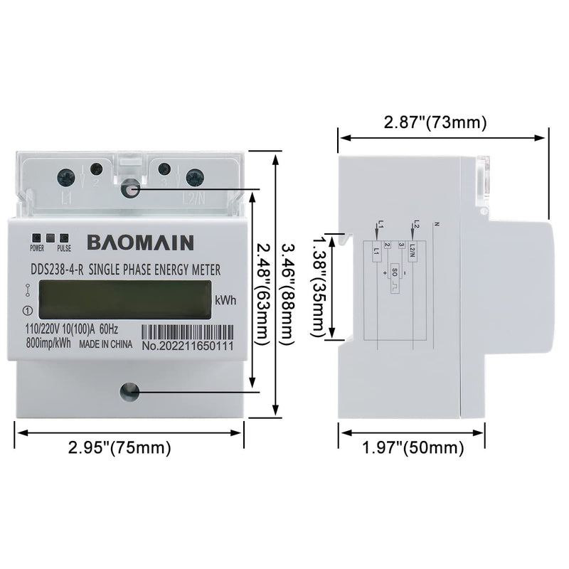 [Australia - AusPower] - Baomain DDS238-4-R DIN Rail Single-Phase Three-Wire Kilowatt Hour kwh Meter 10A(100A),110V/220VAC,60Hz,LCD Display Energy Meter for AC Systems 