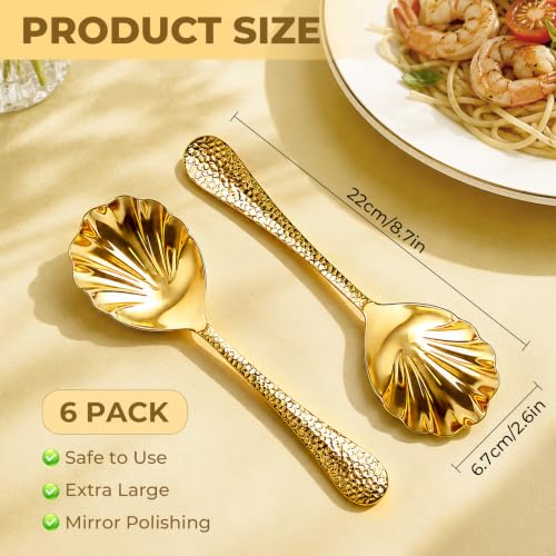 6 Pcs Shell Shape Serving Spoons, 9" Gold Serving Utensils, 304 Stainless Steel Serving Spoon for Buffet, Large Scalloped Spoon with Hammered Long Handle for Kitchen Restaurant Theme Party