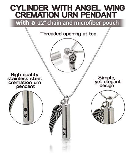 Royal Matter Cylinder with Paw Prints and Angel Wing Stainless Steel Cremation Urn Pendant with Chain-Silver