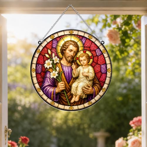 St Joseph Stained Glass Suncatcher, 8" Religious Wavy Acrylic Suncatcher for Windows Hanging, Catholic Gifts Decorations, St. Joseph Patron Gift, Christian Gifts for Men, Dad, Grandpa, Son, Friends
