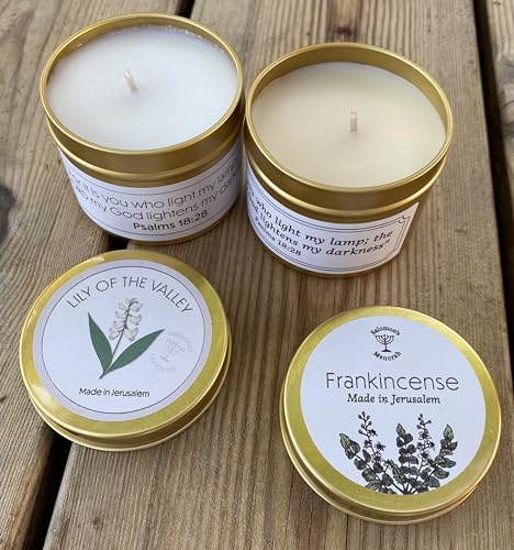Scented Candle Lily of The Valey, Soy Wax Candle from Jerusalem, fregrance of The Holyland. tin Candle. Paraffin Free. Candle to Light Your Home with Blessed Vibe. Burn 33 Hours.