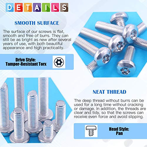 Glarks M5 Torx security screws assortment set, 304 stainless steel pan head screws with T25 wrench