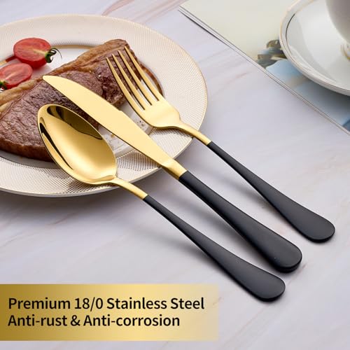 20-Piece Black & Gold Silverware Set, 18/0 Stainless Steel Colorful Handle Flatware Set, Service for 4, Modern Cutlery Set Includes Dinner Knives Forks Spoons, Mirror Polished, Dishwasher Safe gold and black-Piece
