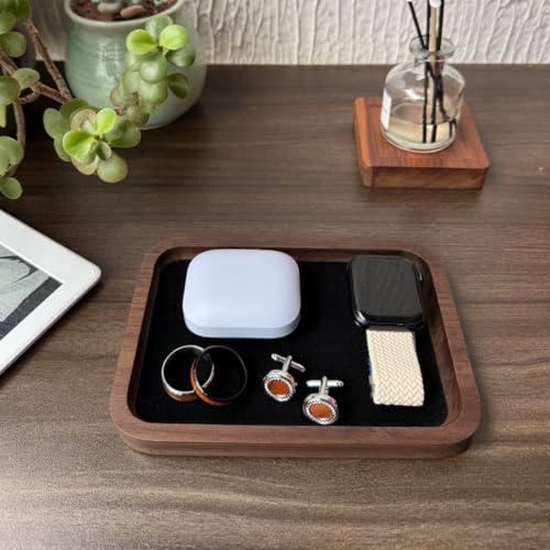 Walnut Wood Jewelry Valet Tray Velvet Lined Ring Watch Dish Holder 6.9" Black 4.7" x 6.7"