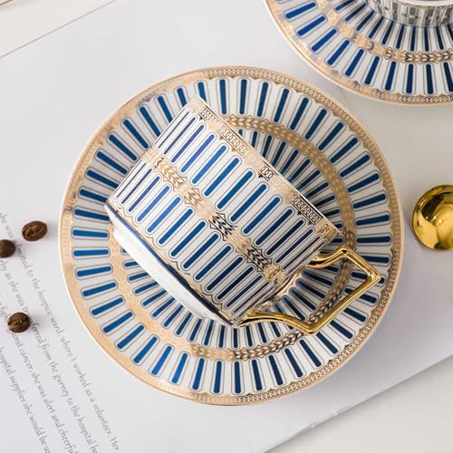 8.45oz European Ceramic Coffee Cup & Saucer Set of 2 with Handle & Gold Spoons, Stripe with Gold Accents, for Latte, Tea, Cappuccino, Gift Boxed for Tea Party, Housewarming Gift (two blue) two blue