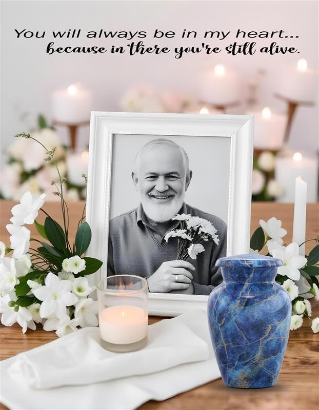 Marble Finish Keepsake Sharing Urn – Mini Metal Cremation Urn for Human or Pet Ashes – Small Memorial Token Urn with Velvet Bag & Funnel – A Perfect Tribute & Gift for Families (Exotic Blue) Exotic Blue