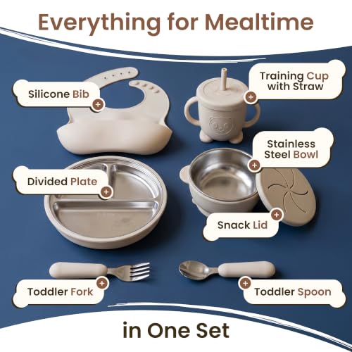 Stainless Steel & Silicone Toddler Feeding Set, 7 Piece Kids Dinnerware with Divided Plate, Bowl, Training Cup with Straw, Bib, Fork and Spoon, BPA‑Free, Food‑Grade for Children (Color Beige)