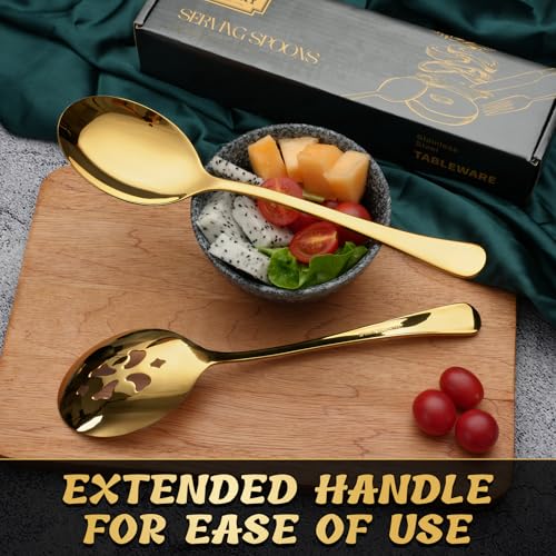 Set of 10-inch gold serving spoons, including 3 large and 3 slotted spoons from KEYOXY serving set, ideal for dining and entertaining.