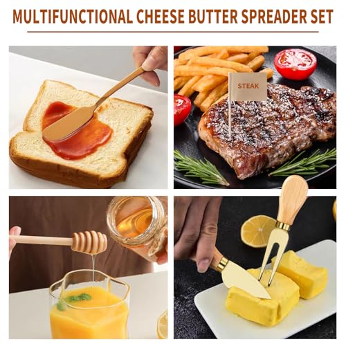 48 Pcs Charcuterie Boards Accessories Butter Spreader Knives Set Stainless Steel Cheese Mini Serving Tongs Spoons Forks Dipping Bowls Toothpick Flags Utensils for Pastry Making Wedding Christmas(Gold) Gold 48Pcs