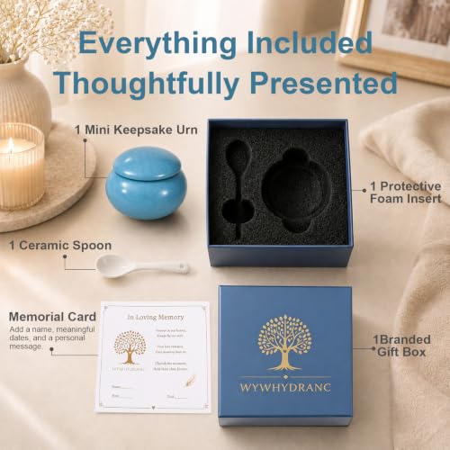 Small Urn for Human Ashes, Blue Ceramic Mini Keepsake with Spoon