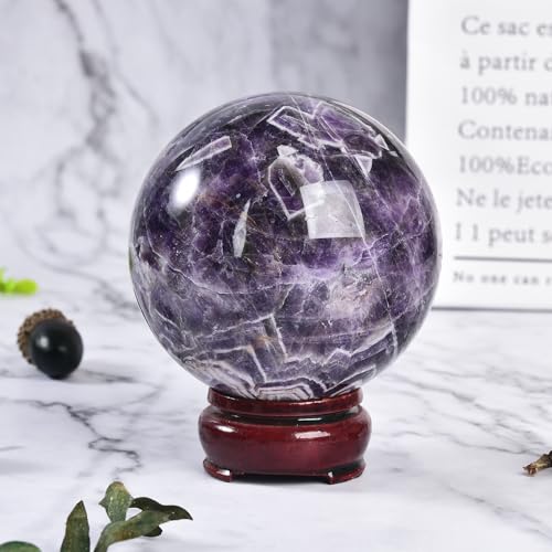 JIC Gem 2.7-3.1 inch(70-80mm) Large Chevron Amethyst Crystal Ball Healing Crystals Sphere with Wooden Stand Meditation Home Decor 2.7-3.1 inch(70-80mm)
