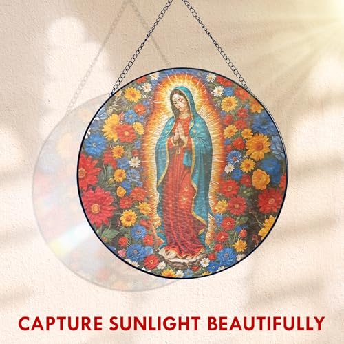 FLAGWIX Our Lady of Guadalupe Stained Glass Suncatcher, 8 in Red & Blue - Mother Mary