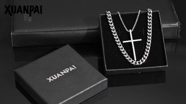 XUANPAI Men's Stainless Steel Cross Necklace - 2PC Silver Set with Sturdy Cuban Box Chain Inspirational Bible Verse Engraving Easter Birthday Gifts for Teens Religious Jewelry 17.7 inch/19.7 inch MATTHEW 19:26