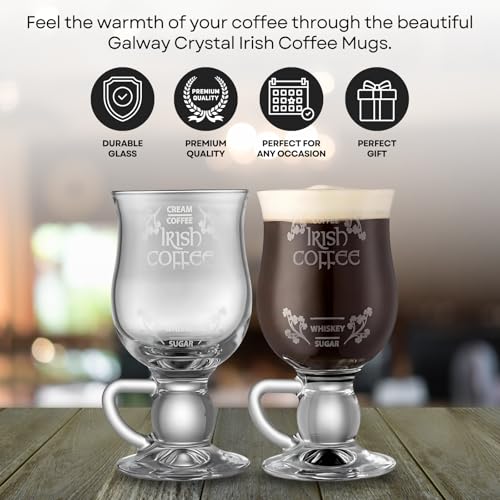 GALWAY Crystal Irish Coffee Glass Set, 5.7" H x 3.3" W Clear Glass Coffee Mugs for Lattes and Specialty Drinks, Set of 2
