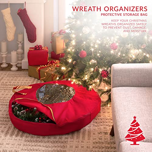 Simplify 36 Inch Wreath Bag | Christmas Storage | Holiday Decorations | Round Zippered Bag | Protects Wreathes | Heavy Duty | Collapsible | Red